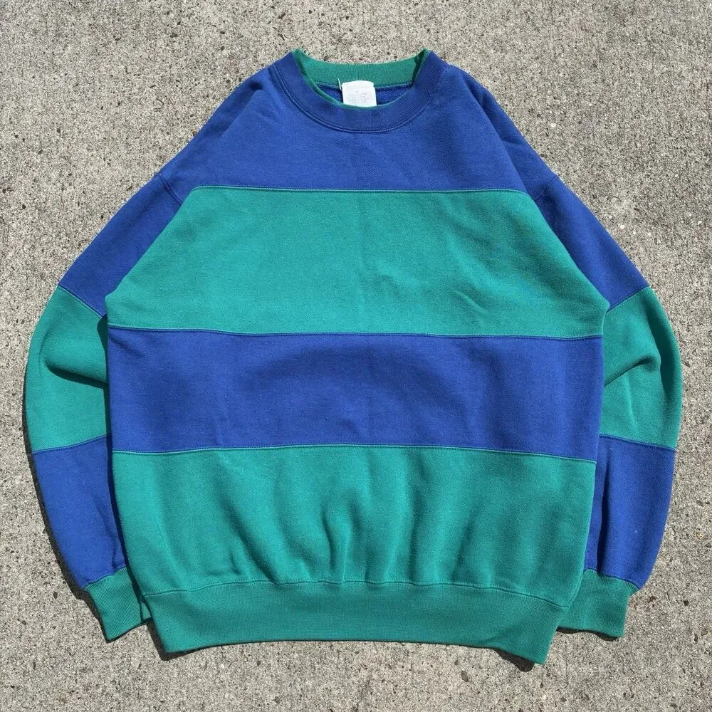 Cheetah VTG 90s Sweatshirt Sweater Green Black Colorblock Stripe Pullover Mens L - Picture 1 of 12